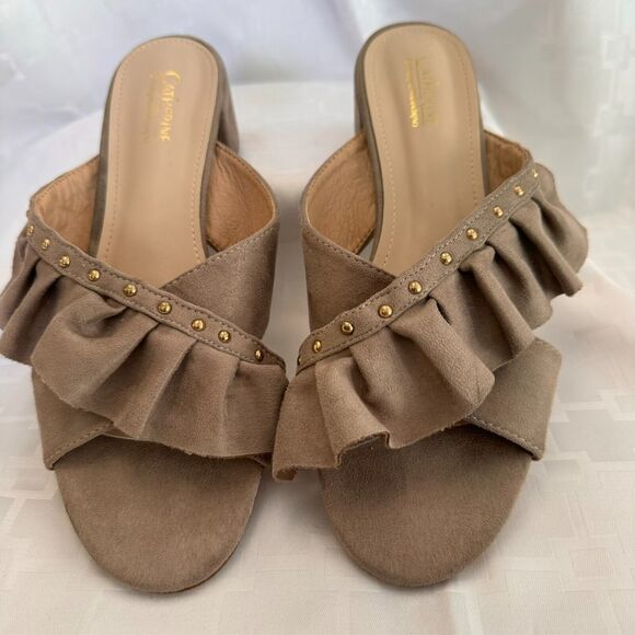Catherine Malandrino-1" Chunky heel‎ velvet taupe slides Azaria-8.5 - Picture 1 of 7